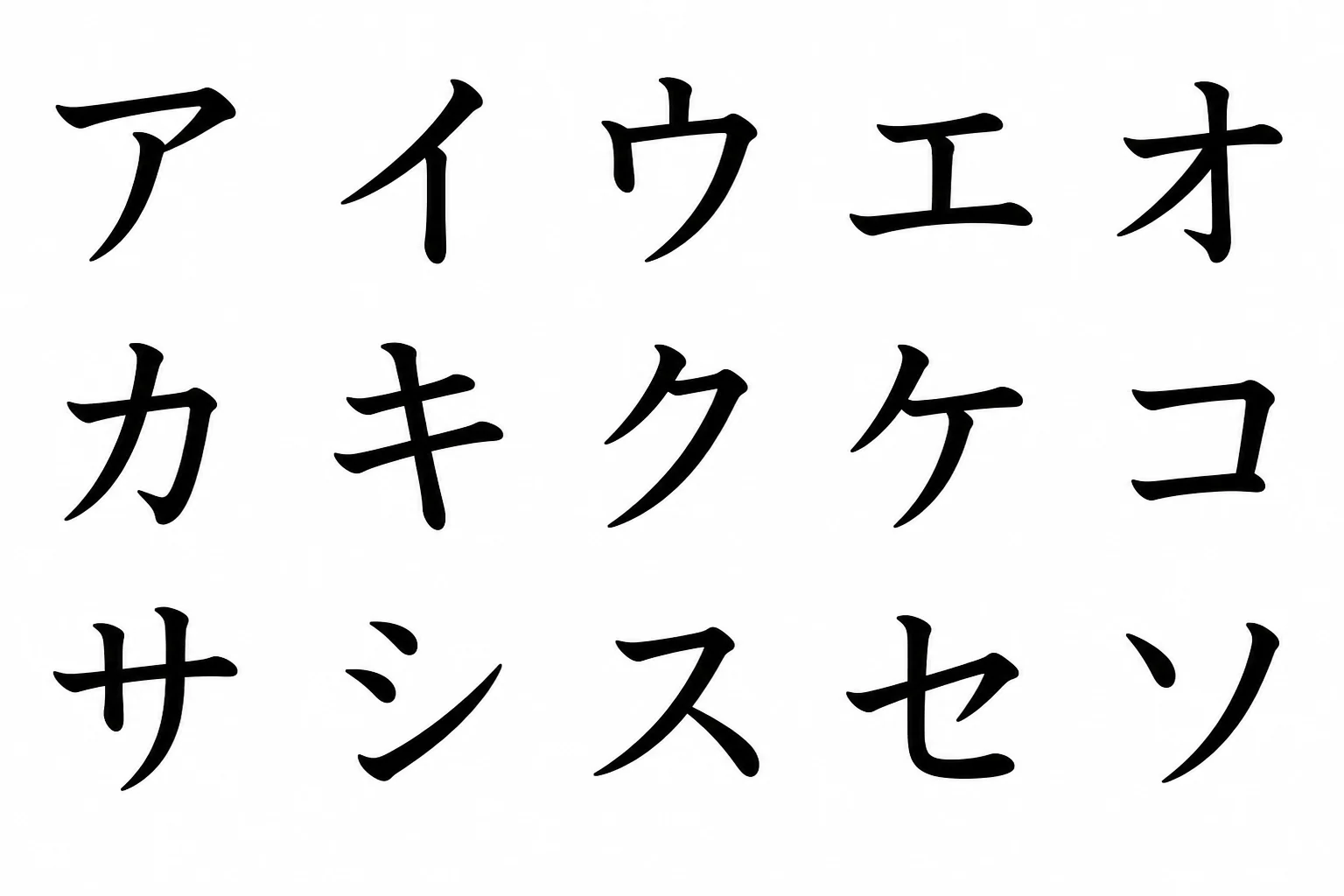 Ejemplos de katakana en negro sobre fondo blanco