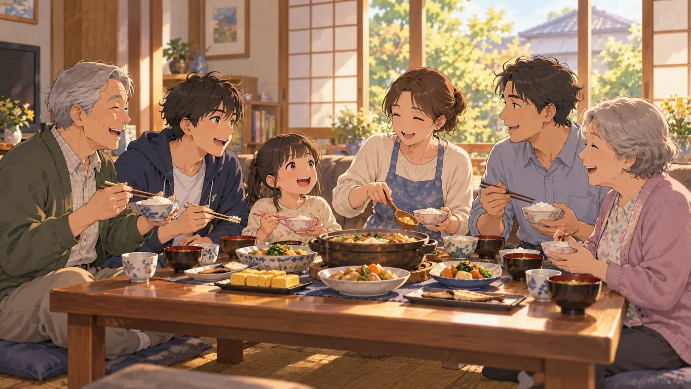 Tres generaciones de una familia comparten una comida en casa.