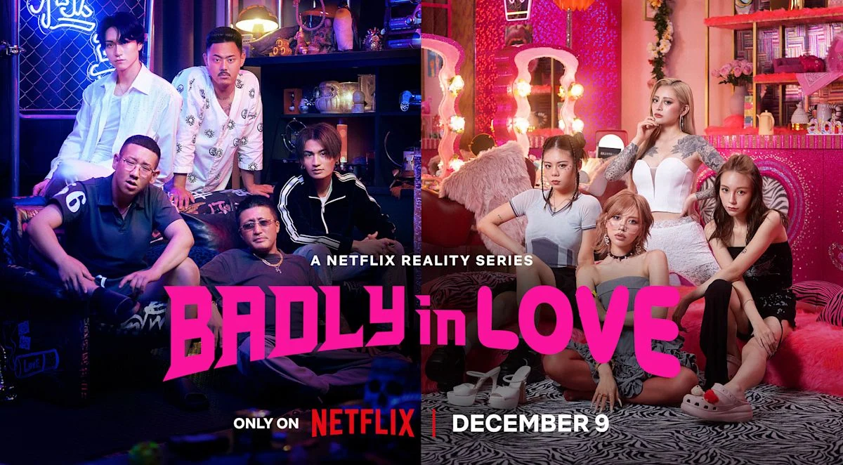 Imagen promocional horizontal de Badly in Love con participantes de la serie.