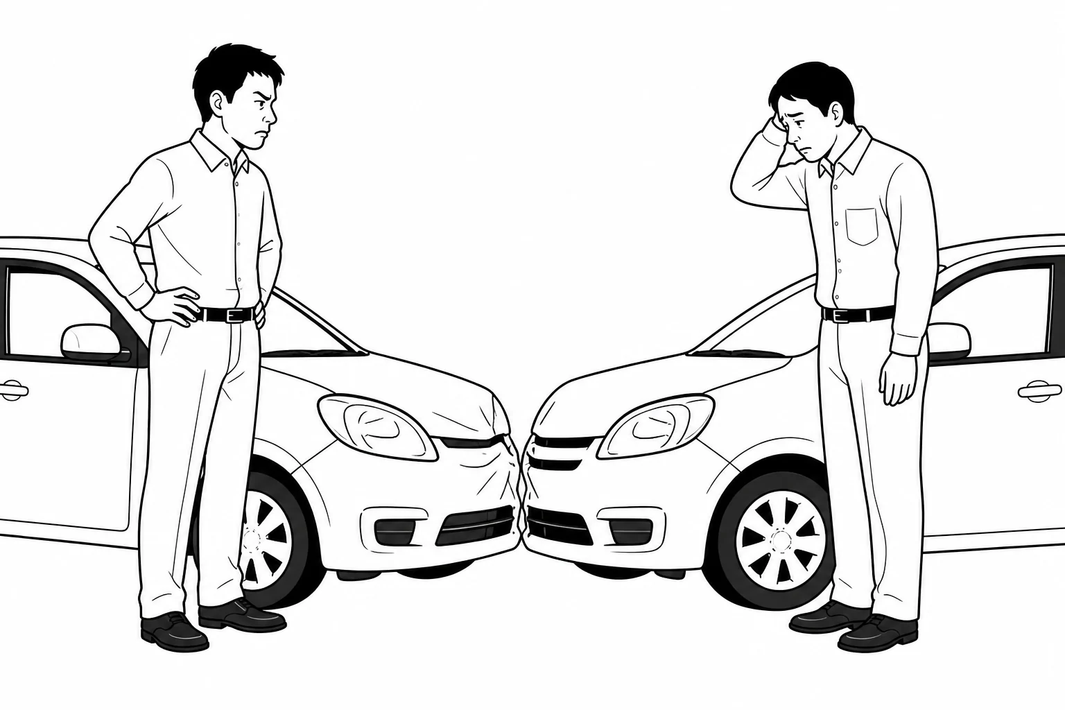 Ilustración en blanco y negro de dos autos chocados y sus conductores.