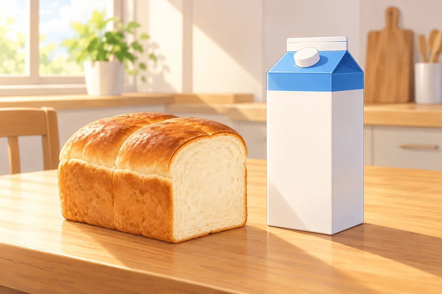Pan y un cartón de leche sobre una mesa de cocina.