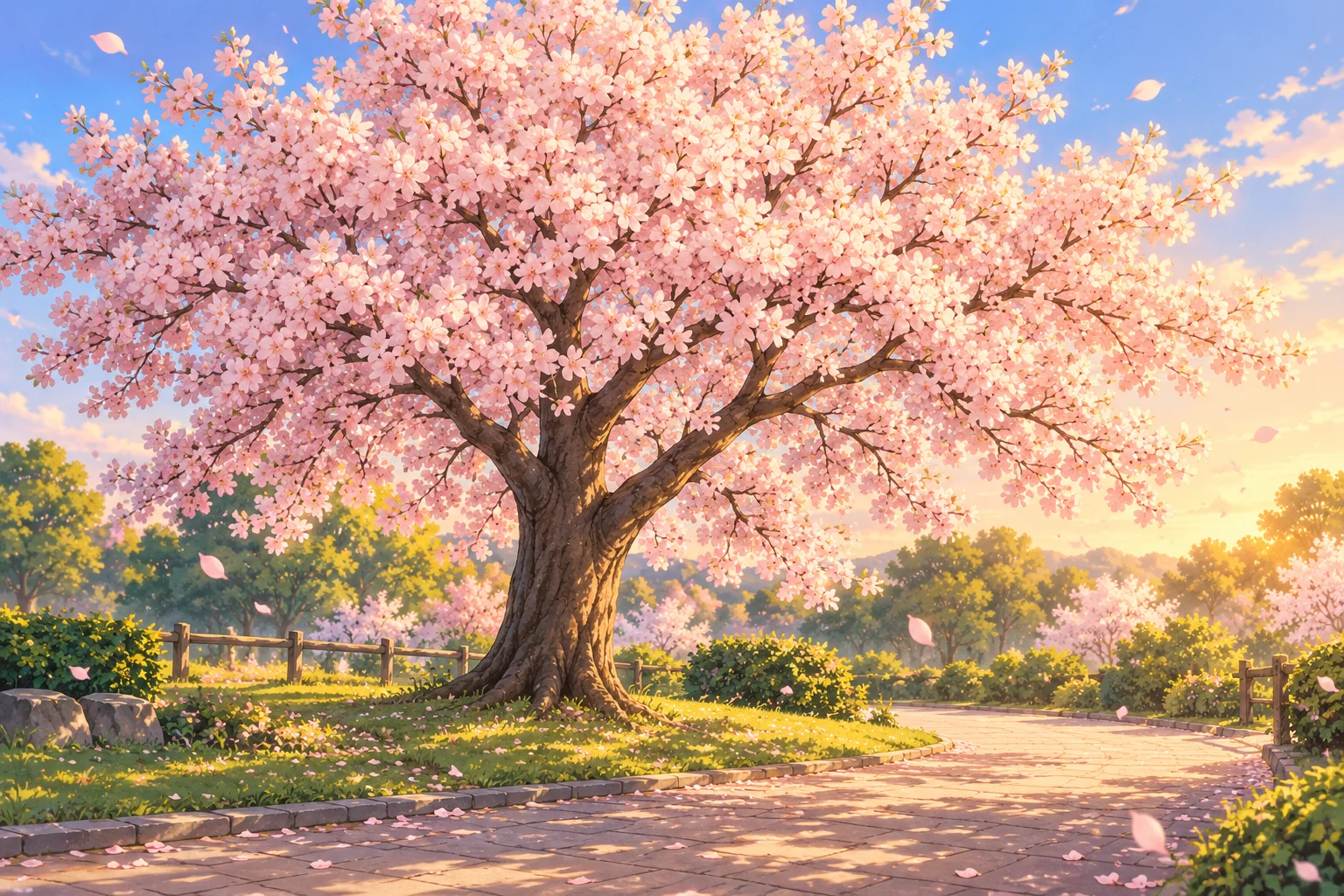 Cerezo en flor en un parque durante la primavera.