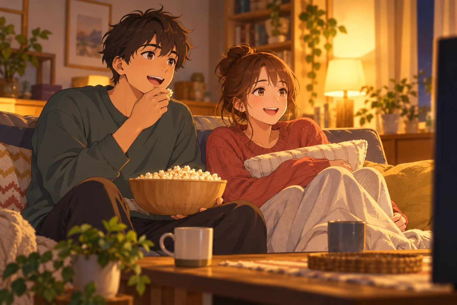 Dos amigos sentados juntos viendo una película.