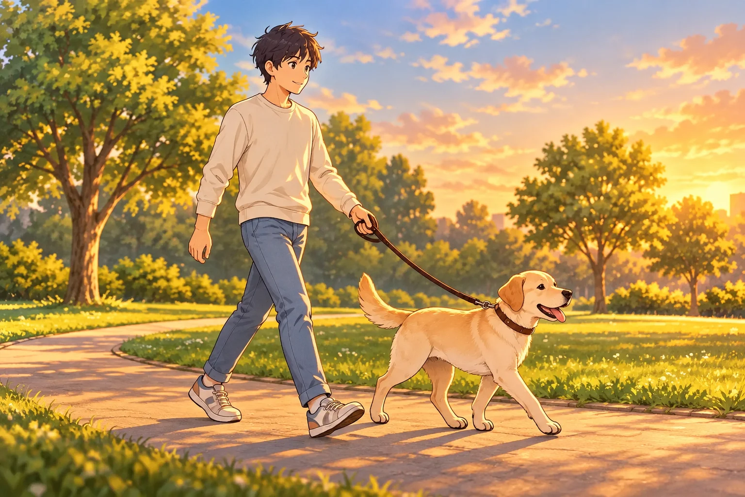 Persona caminando con un perro por un parque.