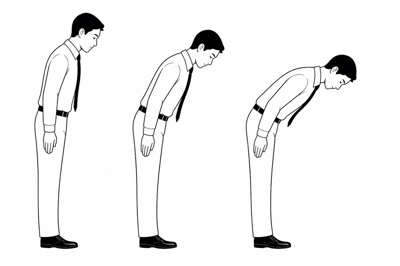 Ilustración en blanco y negro de tres personas haciendo reverencias japonesas de distinta profundidad.