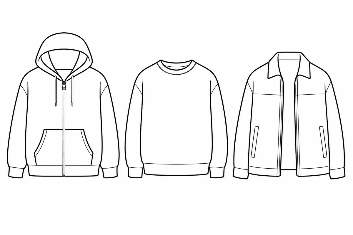 Ilustración en blanco y negro de un hoodie, un buzo sin capucha y una chaqueta exterior.