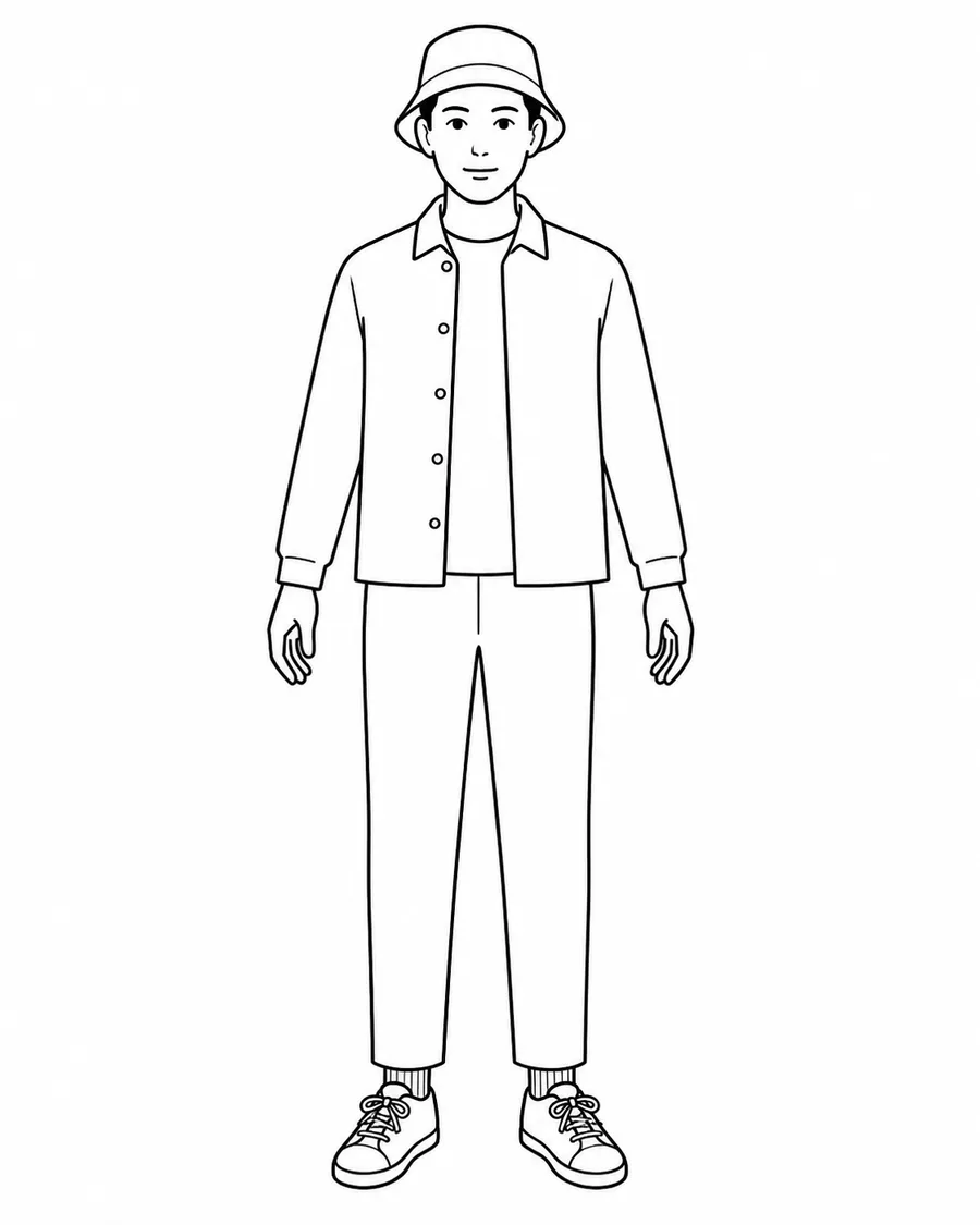 Ilustración en blanco y negro de una persona con sombrero, chaqueta, pantalones, medias y zapatos.
